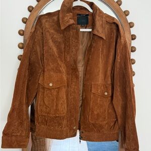 Zara Suede Bomber Jacket in Cognac Brown